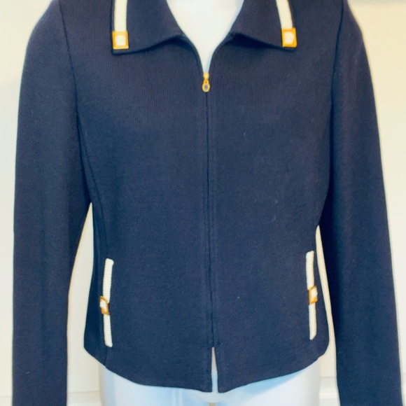 St John Collection Navy Blue Zip Jacket Knit Sz 12 White Ribbon Trim Gold Buckle - Picture 1 of 9
